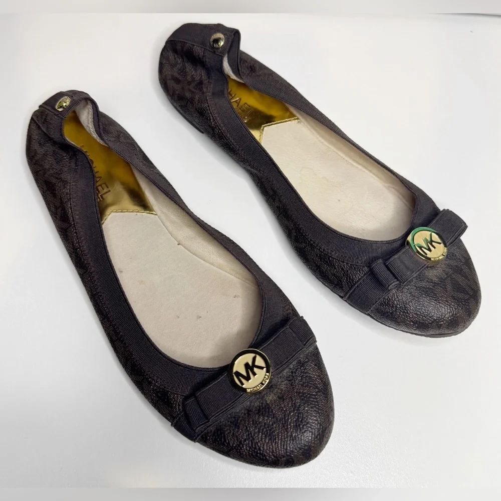 Michael Kors Fulton Logo Ballet Flats Brown MK Signature Women’s 7.5 Travel
